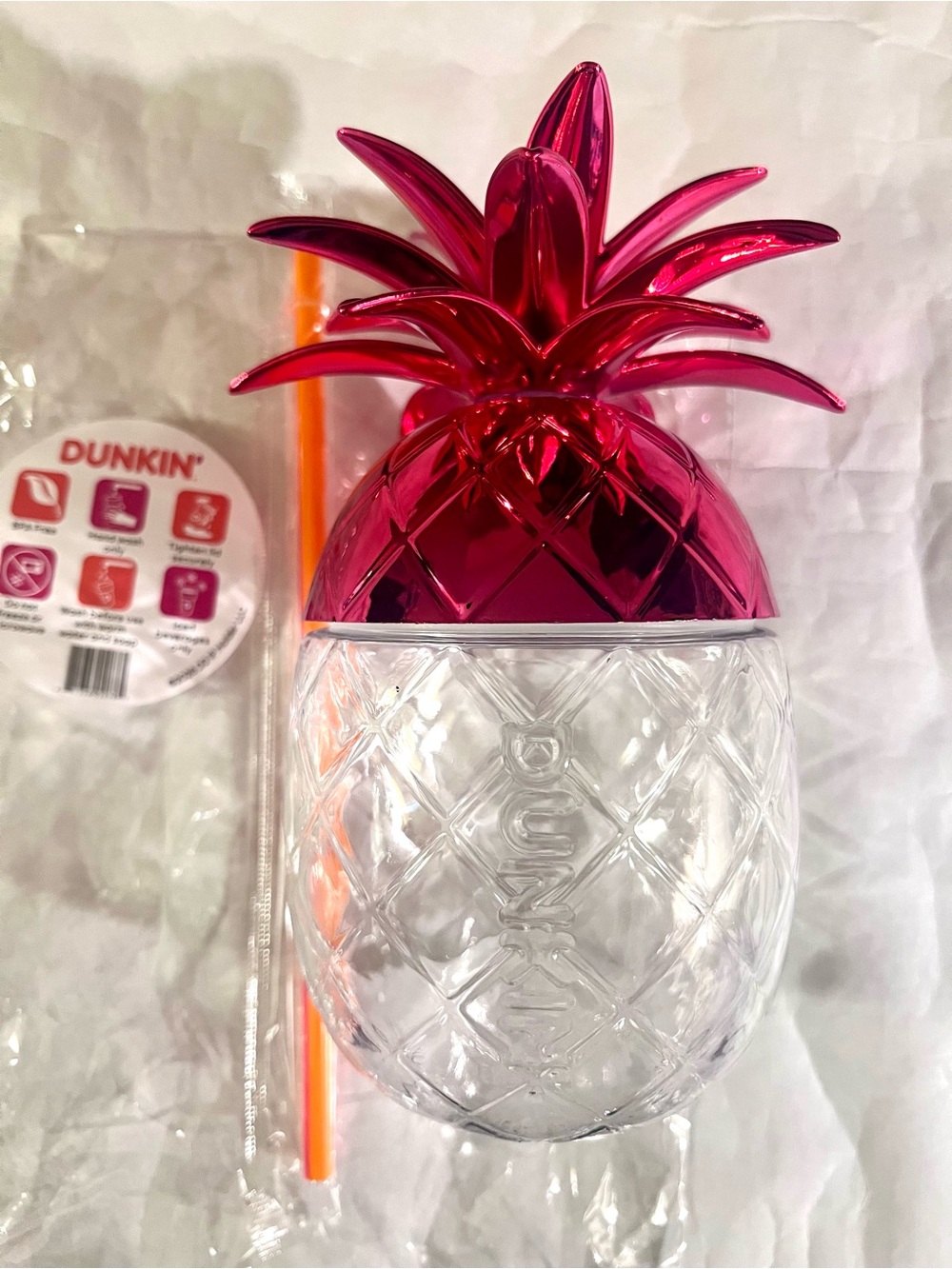 Dunkin Donuts Barbie Pink Pineapple Cup Tumbler with Reusable Straw 24oz